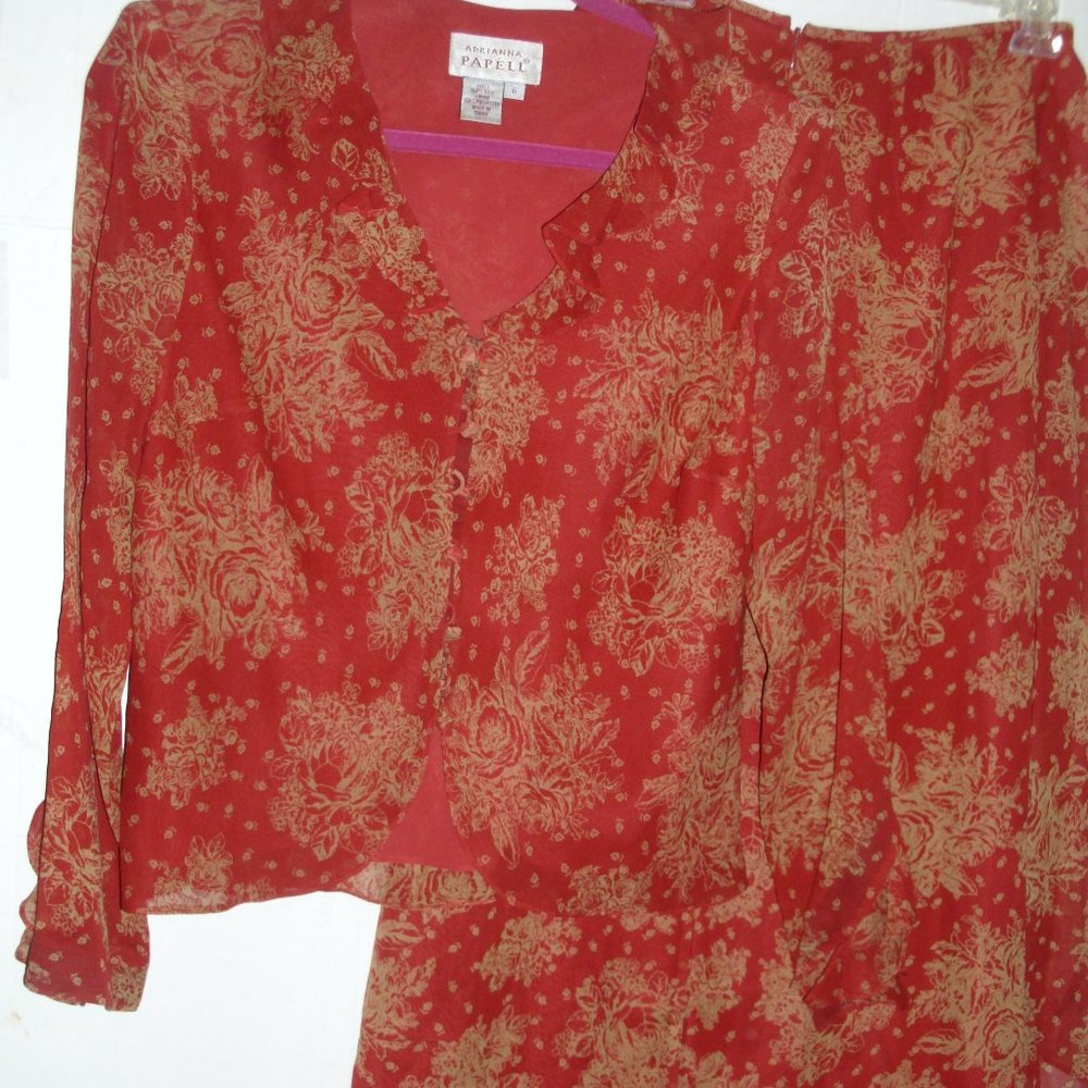 Adrianna Papell Silk Lined 2 Pc Designer Floral Ruffles Asymmetrical Day To Eve